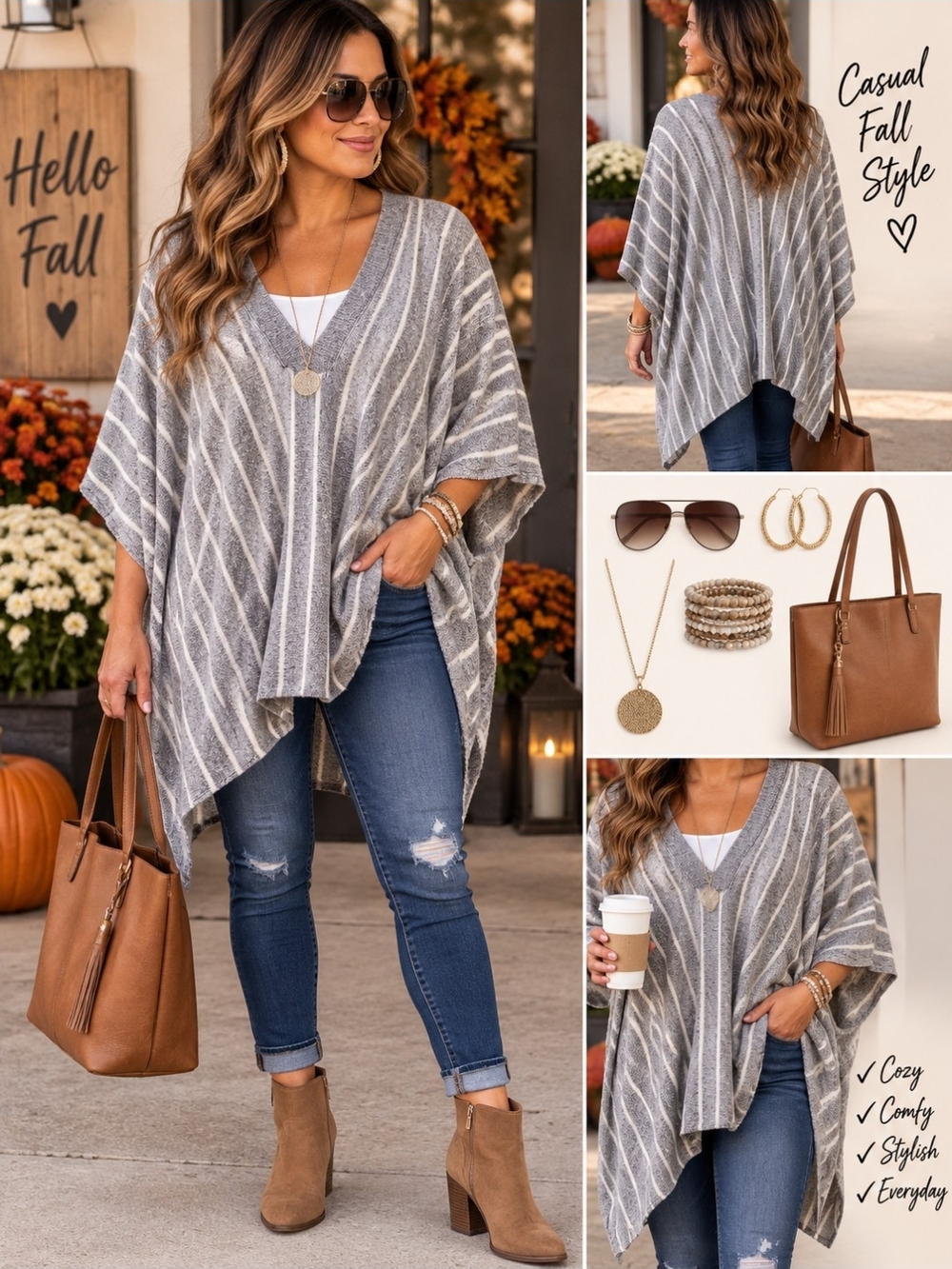 Casual V-Neck Striped Poncho Sweater - Gray